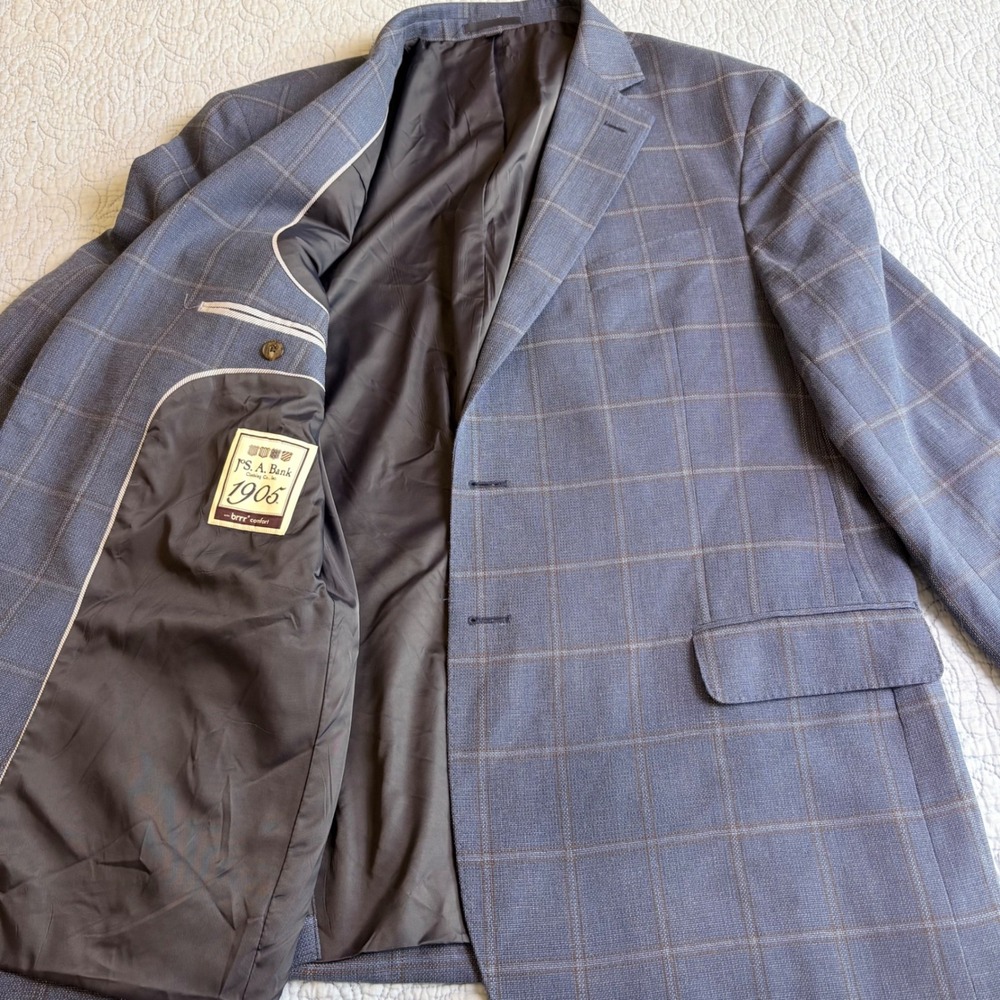 Jos. A. Bank 1905 Blue Windowpane Wool Linen Sport Coat Blazer 46R brrr Comfort